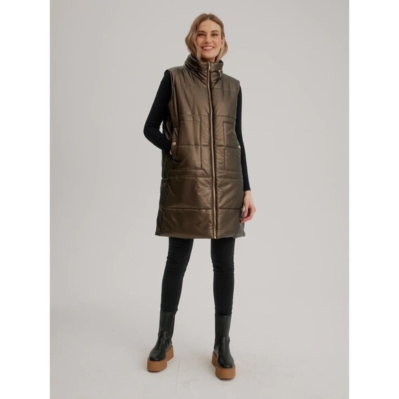 Nikki Jones Metallic Gold Bronze Puffer Hooded Long Vest Zip Coat Size XS NWT - Picture 1 of 14